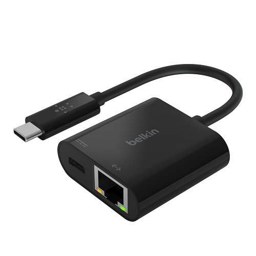 Belkin USB-C to Ethernet + Charge Adapter - Black (INC001btBK), USB-C to Ethernet adapter with Power Delivery up to 60W, Reliable Ethernet Connection