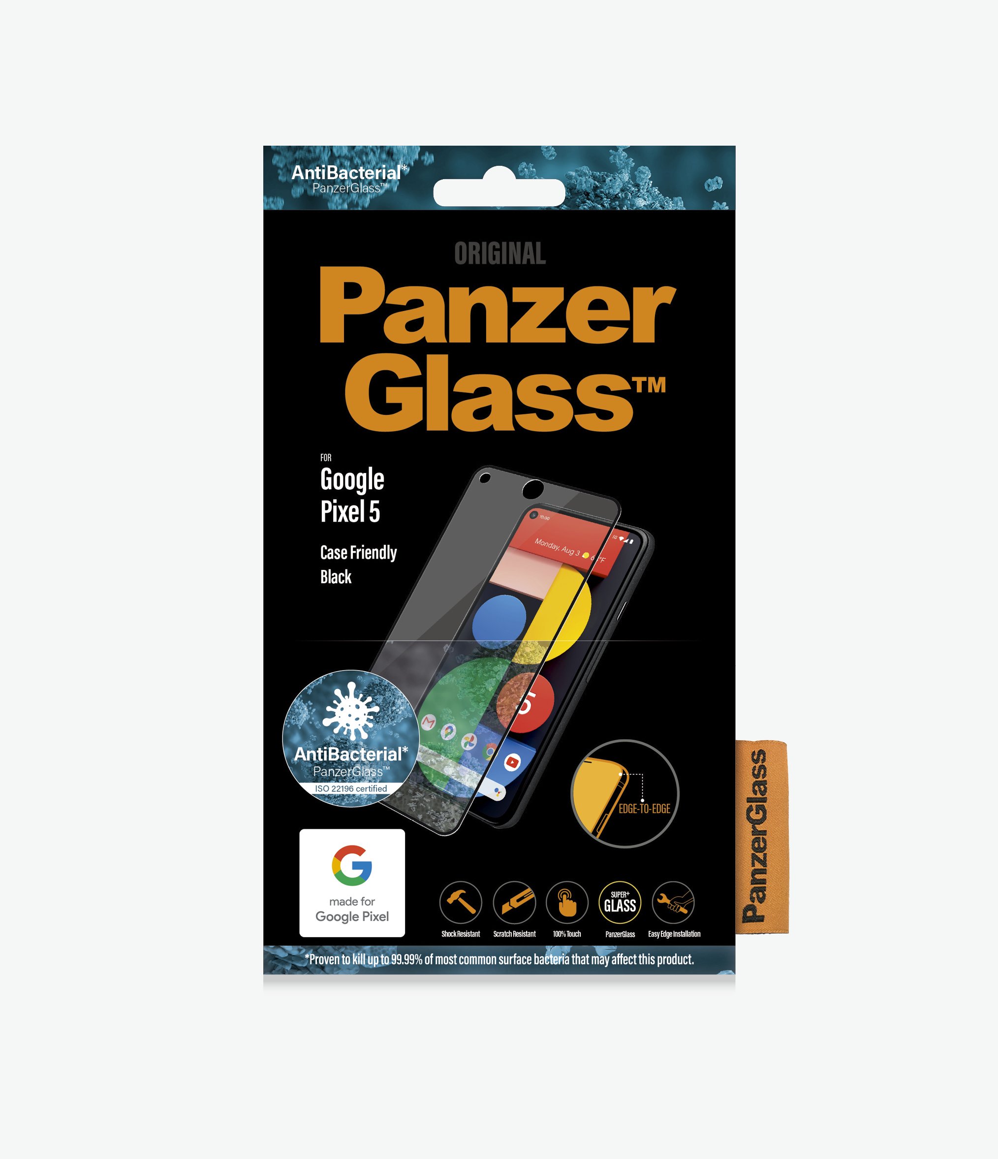 PanzerGlass™ Google Pixel 5 - Anti-microbial (4763) - Screen Protector - Full frame coverage, Rounded edges, Crystal clear, 100% touch preservation
