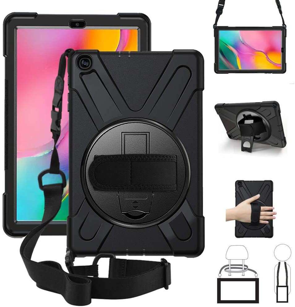 Rugged Black Case for Samsung Galaxy Tab A7 - Shockproof, Dustproof, 360 Rotatable Hand Strap, 3 Layers Heavy Duty Protection