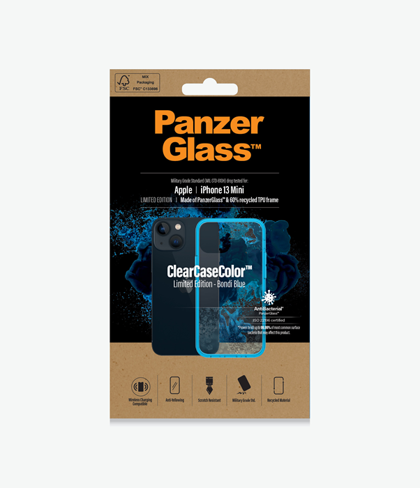 PanzerGlass™ ClearCaseColor™ Apple iPhone 13 Mini - Bondi Blue Limited Edition - ClearCase (0326), Scratch resistance, Anti-Yellowing, Antibacterial