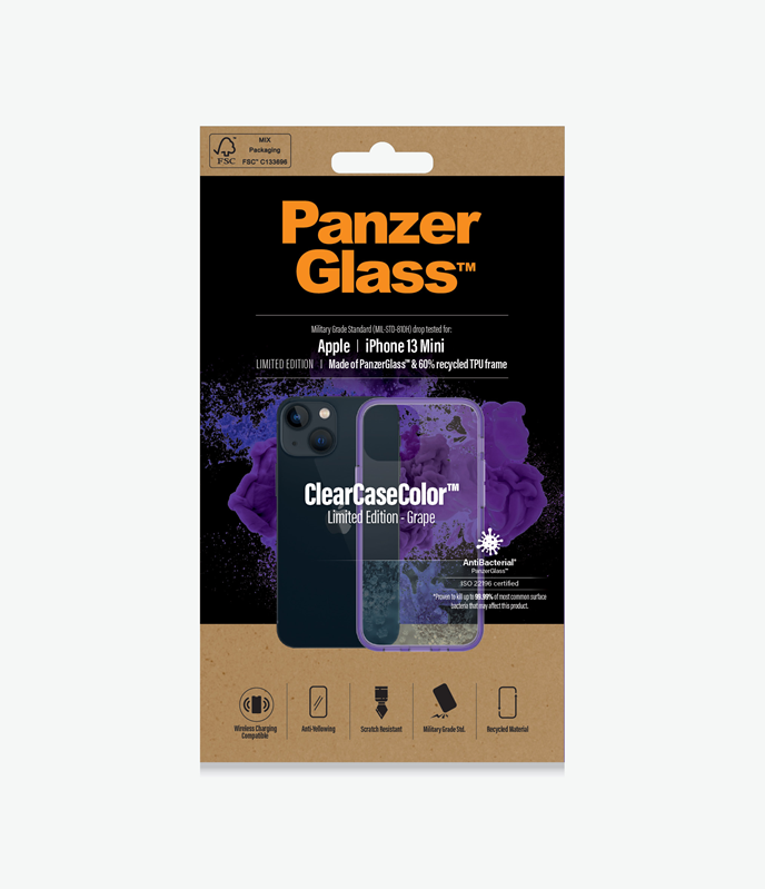 PanzerGlass™ ClearCaseColor™ Apple iPhone 13 Mini - Grape Limited Edition (0327), Scratch resistance, Anti-Yellowing, Weather resistant, Antibacterial