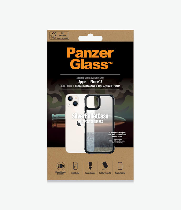 PanzerGlass™ SilverBullet Case for Apple iPhone 13 - ClearCase (0319), Slim, yet rugged, Scratch Resistance, Compatible with wireless charging