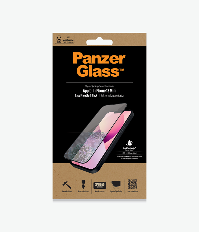 PanzerGlass™ Apple iPhone 13 Mini - Black (PRO2744), Antibacterial glass , Crystal clear, Resistant to scratches and bacteria, Shock absorbing