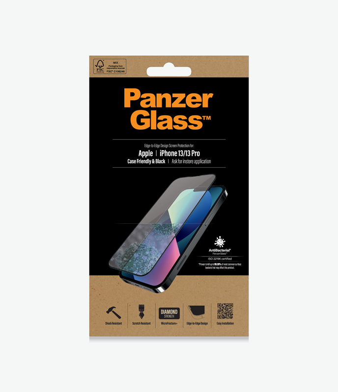 PanzerGlass™ Apple iPhone 13/13 Pro - Black (PRO2745), Antibacterial glass, Protects the entire screen, Crystal clear, Shock absorbing, 100% touch