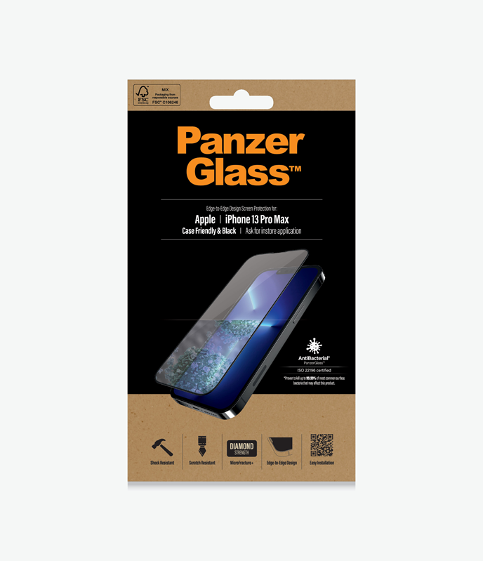 PanzerGlass™ Apple iPhone 13 Pro Max - Black (PRO2746), Antibacterial glass, Protects the entire screen, Crystal clear, Shock absorbing, 100% touch