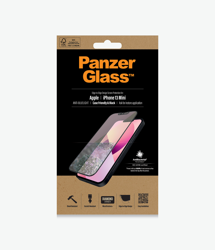 PanzerGlass™ Apple iPhone 13 Mini - Anti-Bluelight (PRO2756) - Screen protector - Anti blue light glass, Antibacterial glass, Resistant to scratches