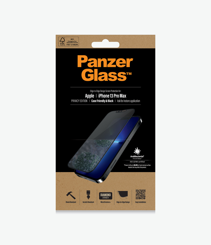 PanzerGlass™ Apple iPhone 13 Pro Max - Black - Privacy (PROP2746), Resistant to scratches and bacteria, Shock absorbing, Crystal clear, 100% touch