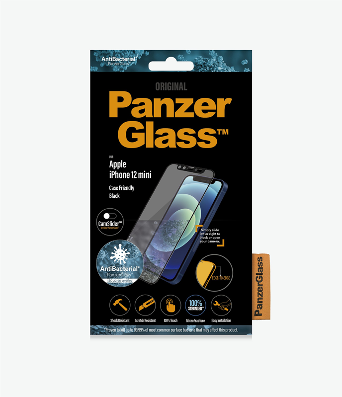 PanzerGlass™ Apple iPhone 12 Mini - Black (2713) - CamSlider™ - Screen Protector - Antibacterial glass, Protects the entire screen, Shock absorbing