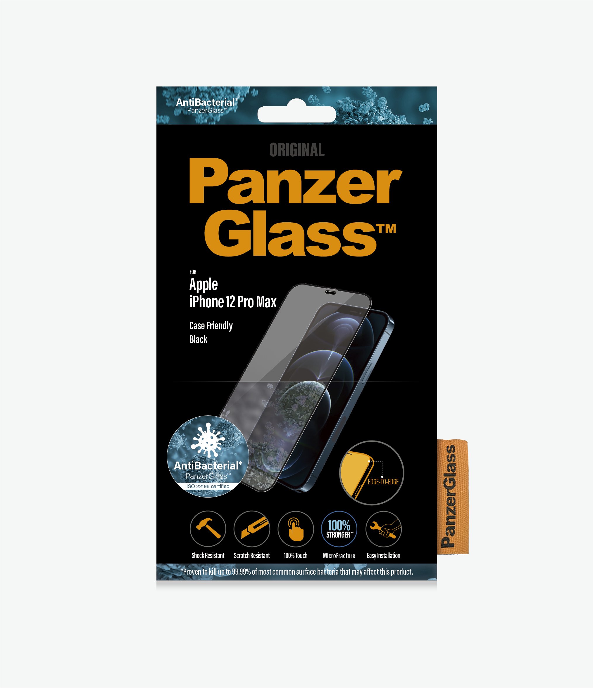 PanzerGlass™ Apple  iPhone 12 Pro Max - Black (2712) - Screen Protector, Antibacterial glass, Protects the entire screen, Crystal clear, 100% Touch