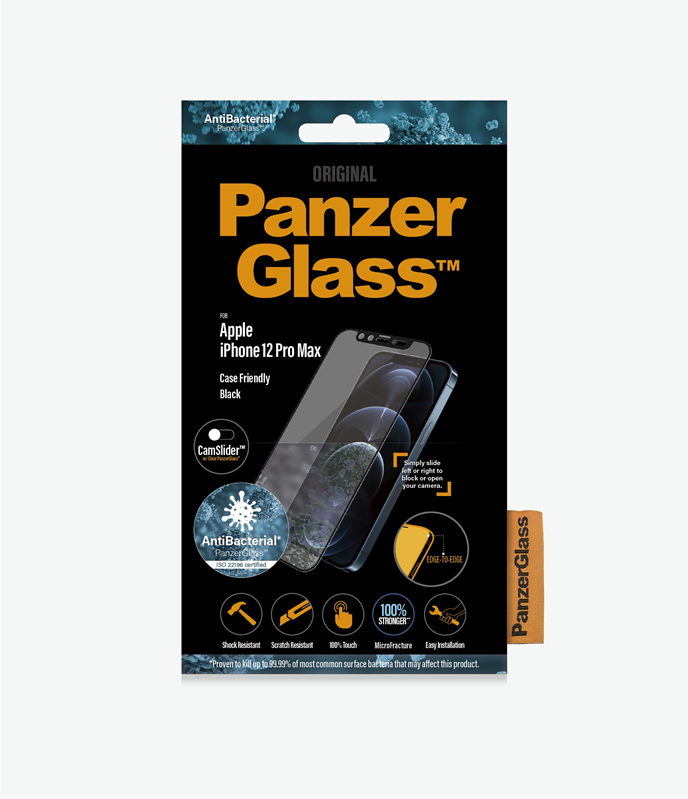 PanzerGlass™ Apple iPhone 12 Pro Max - Black (2715) - CamSlider™ - Screen Protector - Resistant to scratches and bacteria, Shock absorbing, 100% touch