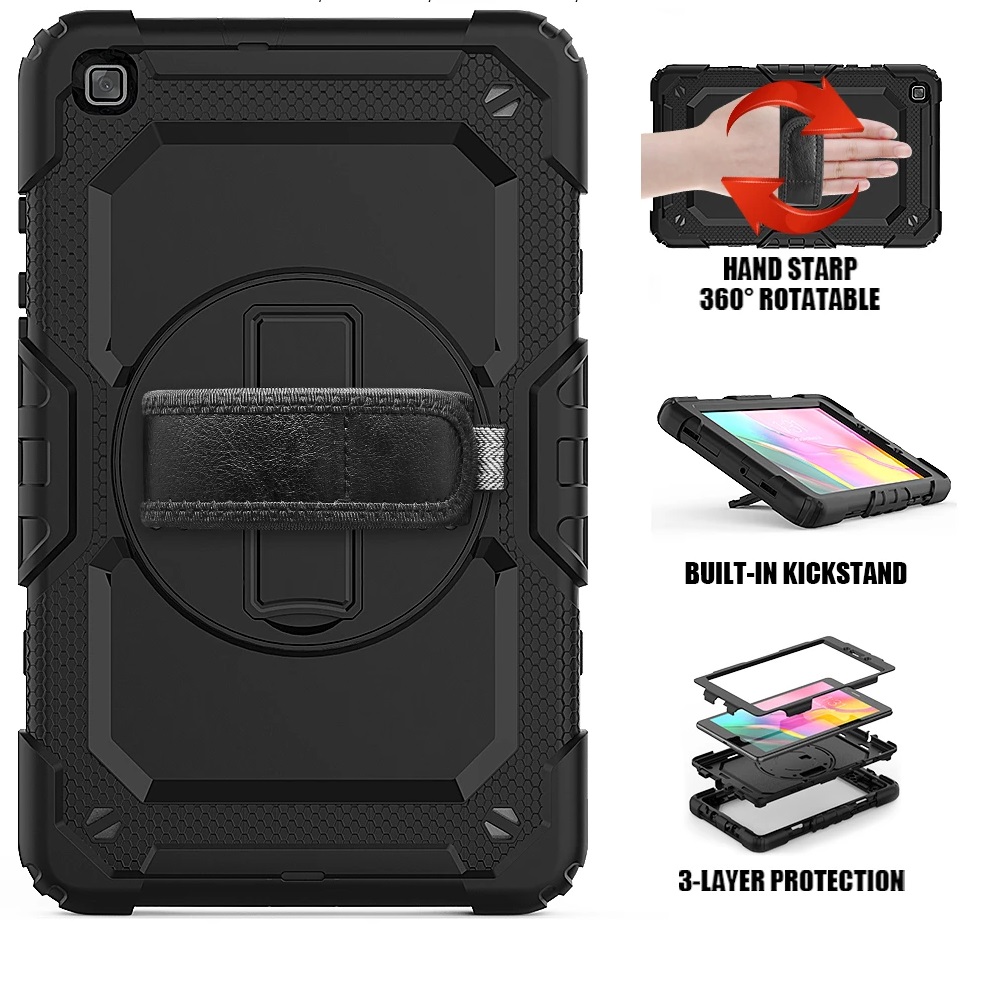 Rugged Black Case for Samsung Galaxy Tab A 8.0 - Shockproof, Dustproof, 360 Rotatable Hand Strap, 3 Layers Heavy Duty Protection