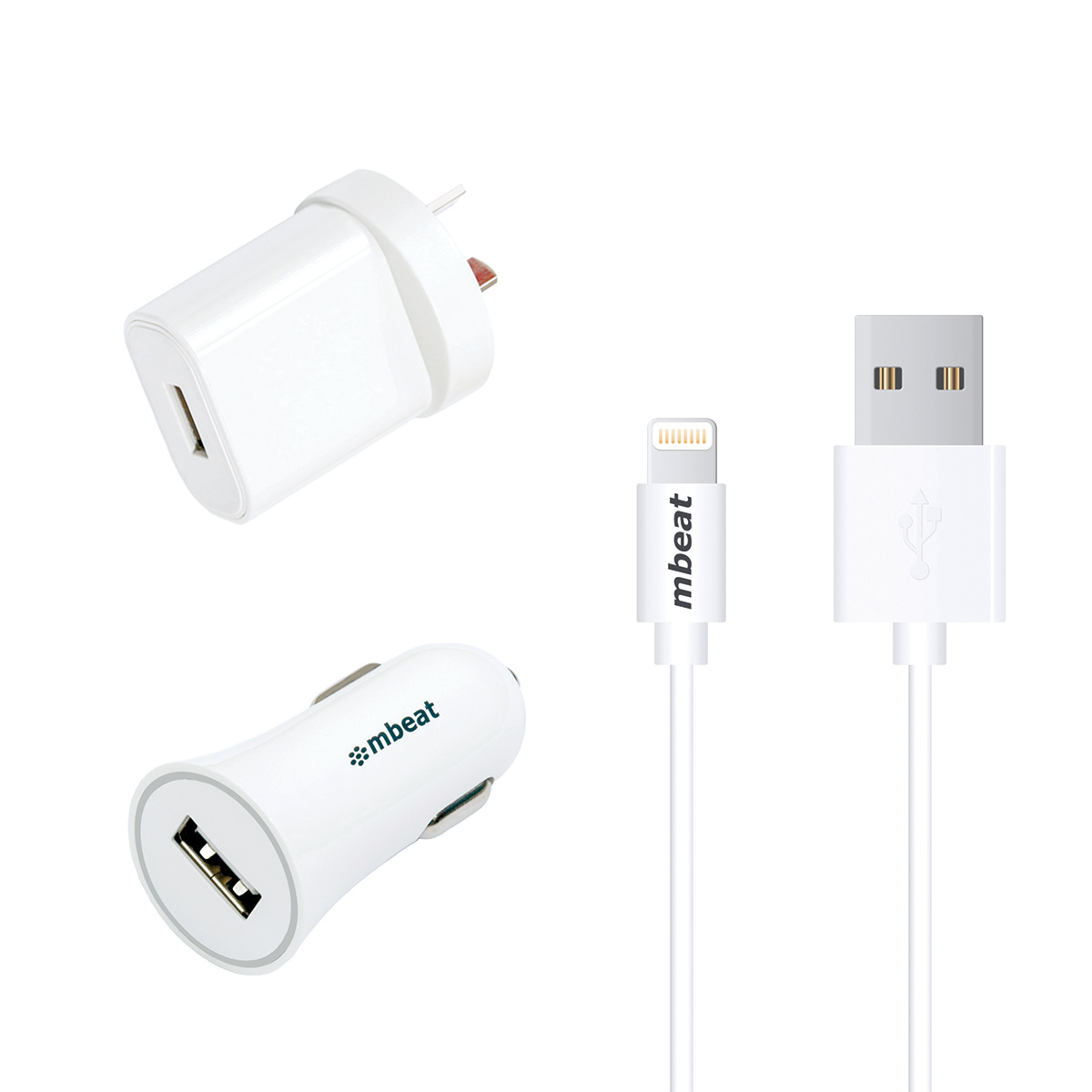 mbeat 3-in-1 MFI USB Lightning Charging Kit (1m Lighting to USB Cable + 2.1A Car & Wall Charger)