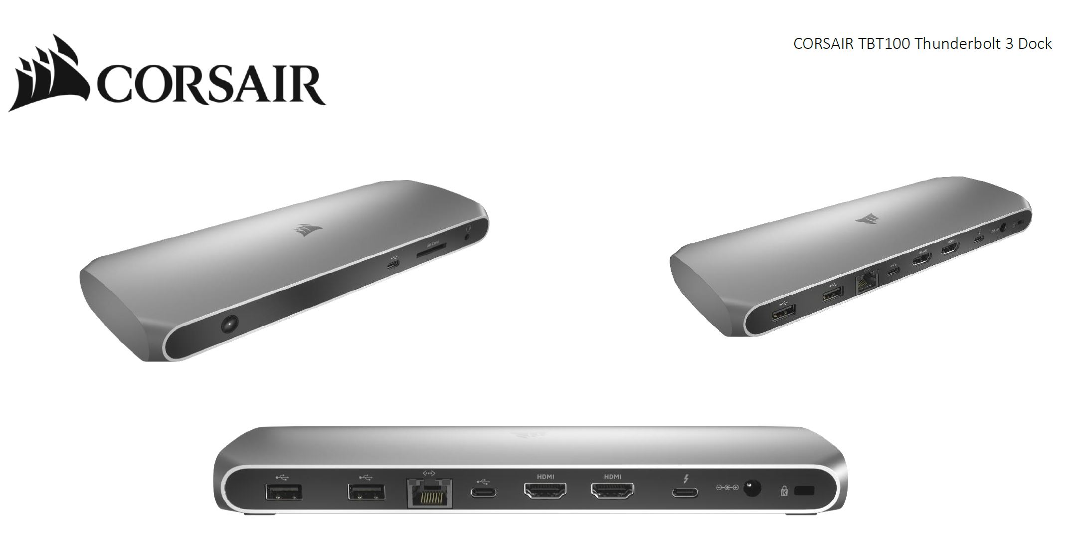 CORSAIR TBT100 Thunderbolt 3 Docking Station, 2x USB-C 3.2, 2x HDMI 4K 60Hz, USB-A 3.1, 3.5mm Audio, GB Ethernet, SD UHS-II Slim Aluminum. MAC MS