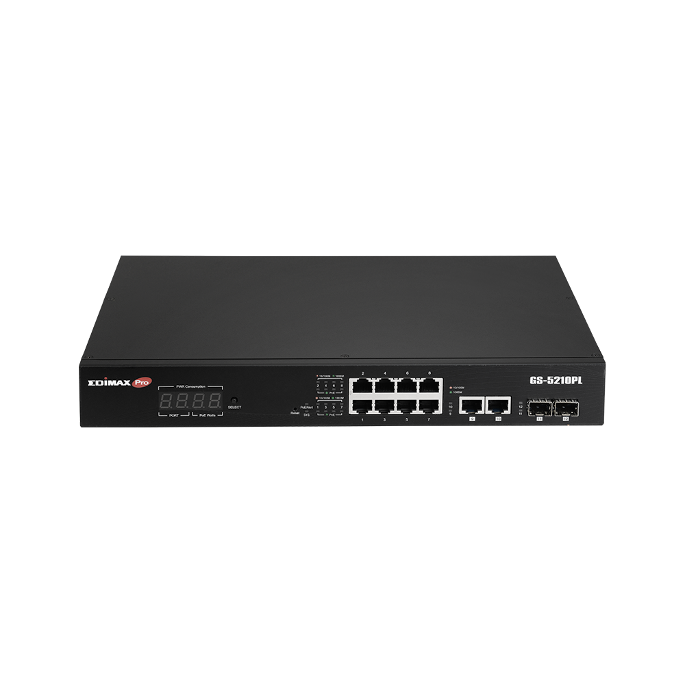 Edimax GS-5210PL Surveillance VLAN 12-Port Gigabit PoE+ Long Range Web Smart Switch with 2 Gigabit RJ45 Ports and 2 SFP Ports