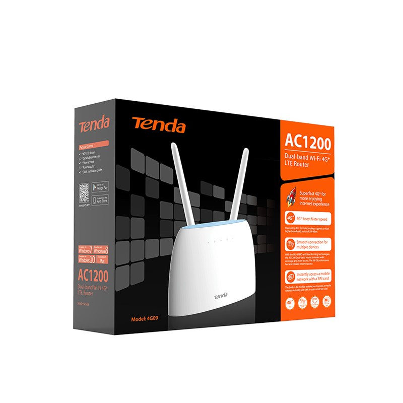 Tenda 4G09 AC1200 Dual-Band Wi-Fi 4G+ LTE Router 802.11, 867Mbps 5GHz, 300Mbps 2.4GHz, Sim Card Slot, 2x Detachable Antenna