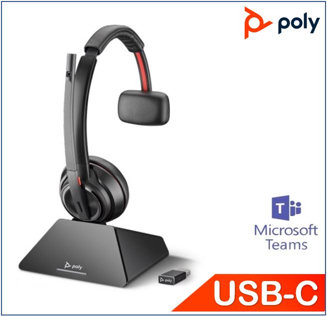Plantronics/Poly Savi 8210 UC Headset, Teams, USB-C, Mono, DECT Wireless, great for softphones, crystal clear audio, up to 13 hours talk