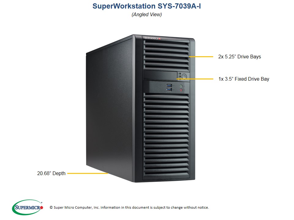 Supermicro SuperWorkstation 7039A-I, 4U Tower, Dual Socket LGA3647, 16x DIMM, Intel C621, 2 x GB LAN, IMPI, 4 x 3.5' HDD Fixed, 1200w PSU