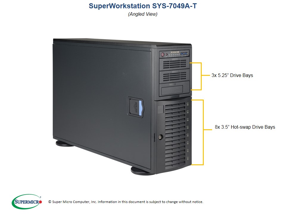 Supermicro SuperWorkstation 7049A-T, 4U Tower, Dual Socket LGA3647, 16x DIMM, Intel C621, 2 x GB LAN, IMPI, 8x 3.5' HDD HS, 1200w PSU