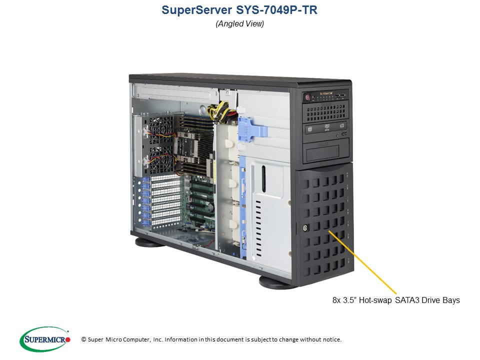 Supermicro SuperServer 7049P-TRI, 4U Tower, Dual Socket LGA3647, 16x DIMM, Intel C621, 2 x GB LAN, IMPI, 8 x 3.5' HDD HW, 1280w RPSU