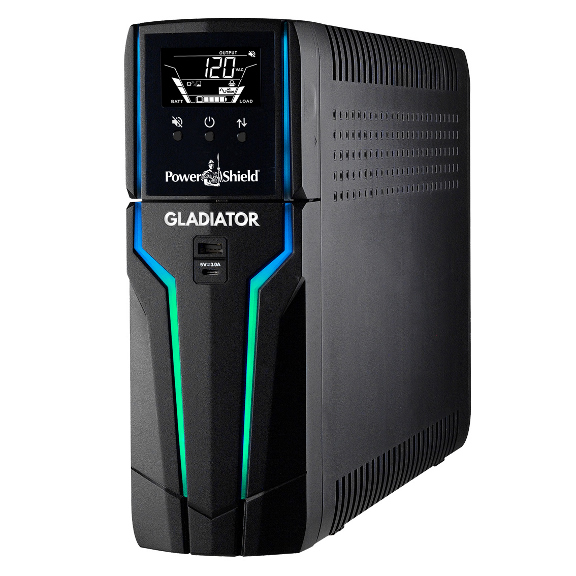 PowerShield Gladiator 1500VA 900w Gaming UPS, Real Time CPU Temp, Speed, Load, 2 x USB Charging Ports, Replaceable Battery, Pure Sinewave, RGB Lights