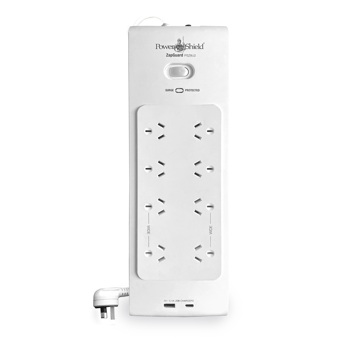 PowerShield PSZ8U2 ZapGuard 8 Way Power Surge Filter Board, USB A / C  Connectors, Wide Spaced Sockets, Wall Mountable,$60,000 Connected Equipment