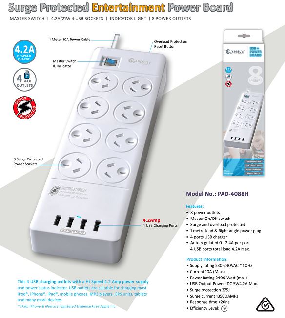 Sansai 8 Outlets & 4 USB Outlets Surge Protected Powerboard (PAD-4088H)