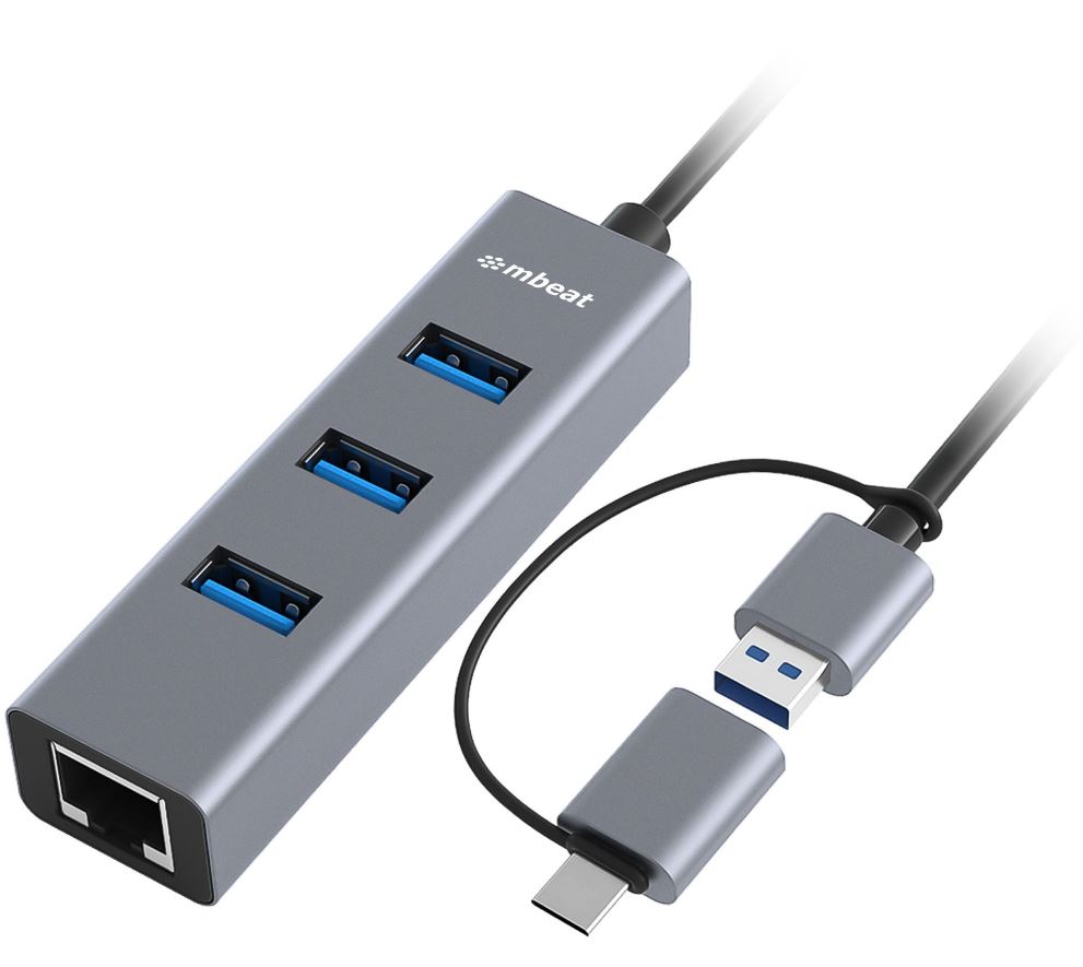 mbeat®  3-Port USB 3.0 Hub & Gigabit LAN with 2-in-1 USB 3.0 & USB-C Converter - Space Grey