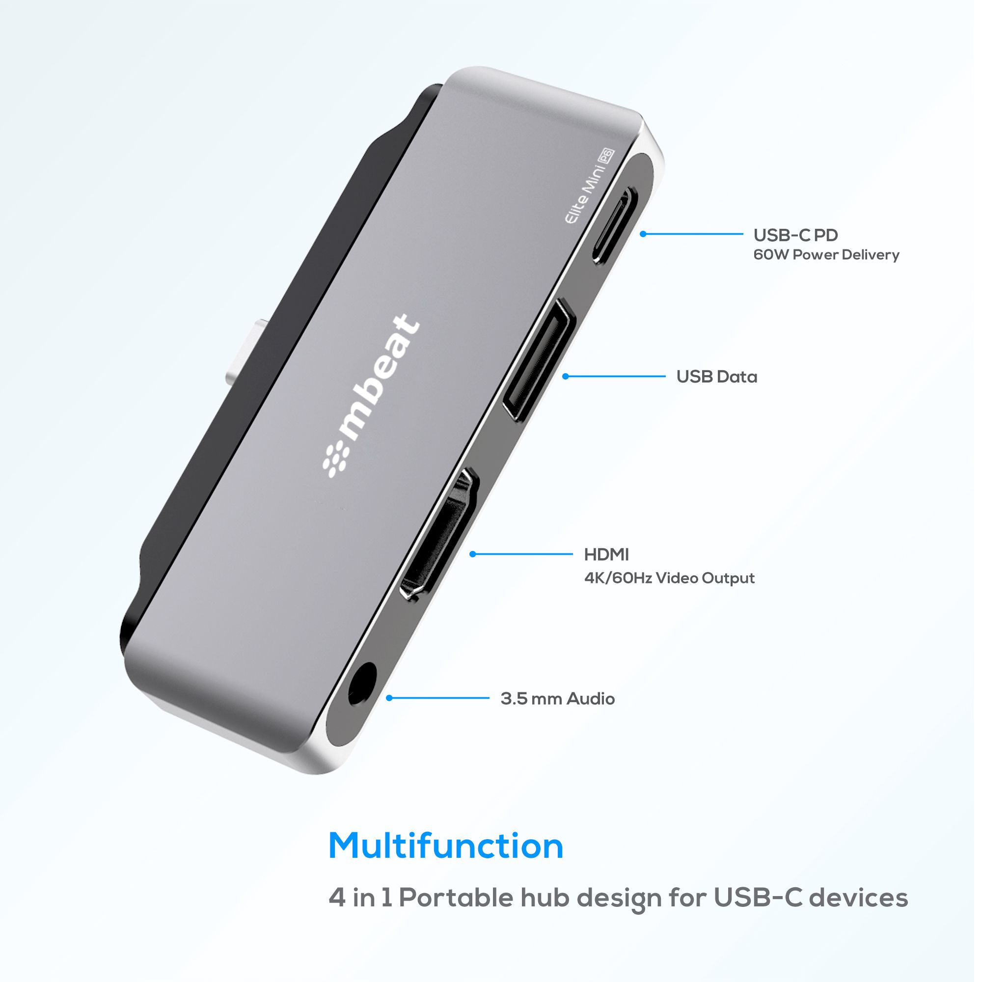 mbeat®  Elite Mini 4-In-1 USB-C Mobile Hub for iPad Pro, USB-C Tablet & Laptop/Notebook - Supports up to 60W PD pass-through charging