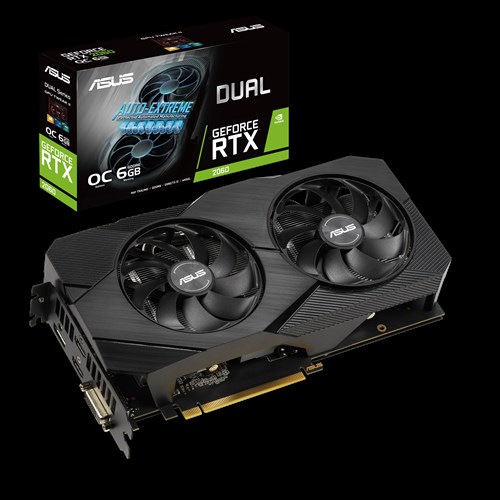 ASUS nVidia DUAL-RTX2060-O6G-EVO RTX 2060 GeForce OC edition EVO 6GB GDDR6 Turing GPU 2 Fans, 1xDP/2xHDMI/1xDVI-D, 1785 Boost NON-RGB (LS)