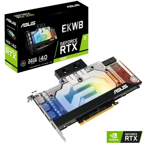 (Requires CUSTOM LOOP FAN) ASUS nVidia GeForce RTX3090-24G-EK RTX 3090 24GB GDDR6X Boost 1725 MHz, EK Water Block, Ampere SM, 2nd RT Cores, 3rd Gen