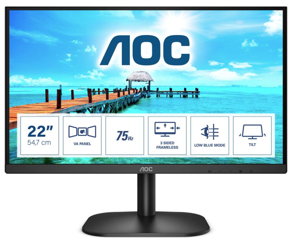 AOC 21.5" 22B2HN 1920x1080,  VA, 75Hz, HDMI 1.4, VGA, Tilt, Low Blue, Flicker Free, Ultra Slim, VESA 100mm, Tilt.   Home Office Business Monitor (LS)