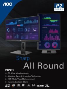 AOC 23.8" IPS 4ms USB 3.0 Hub, Business FHD Monitor, HDR Mode, VGA, HDMI, DP, Adaptive Sync, Low Blue, Speaker x2, VESA100mm, 4 Way Adjustable Stand.