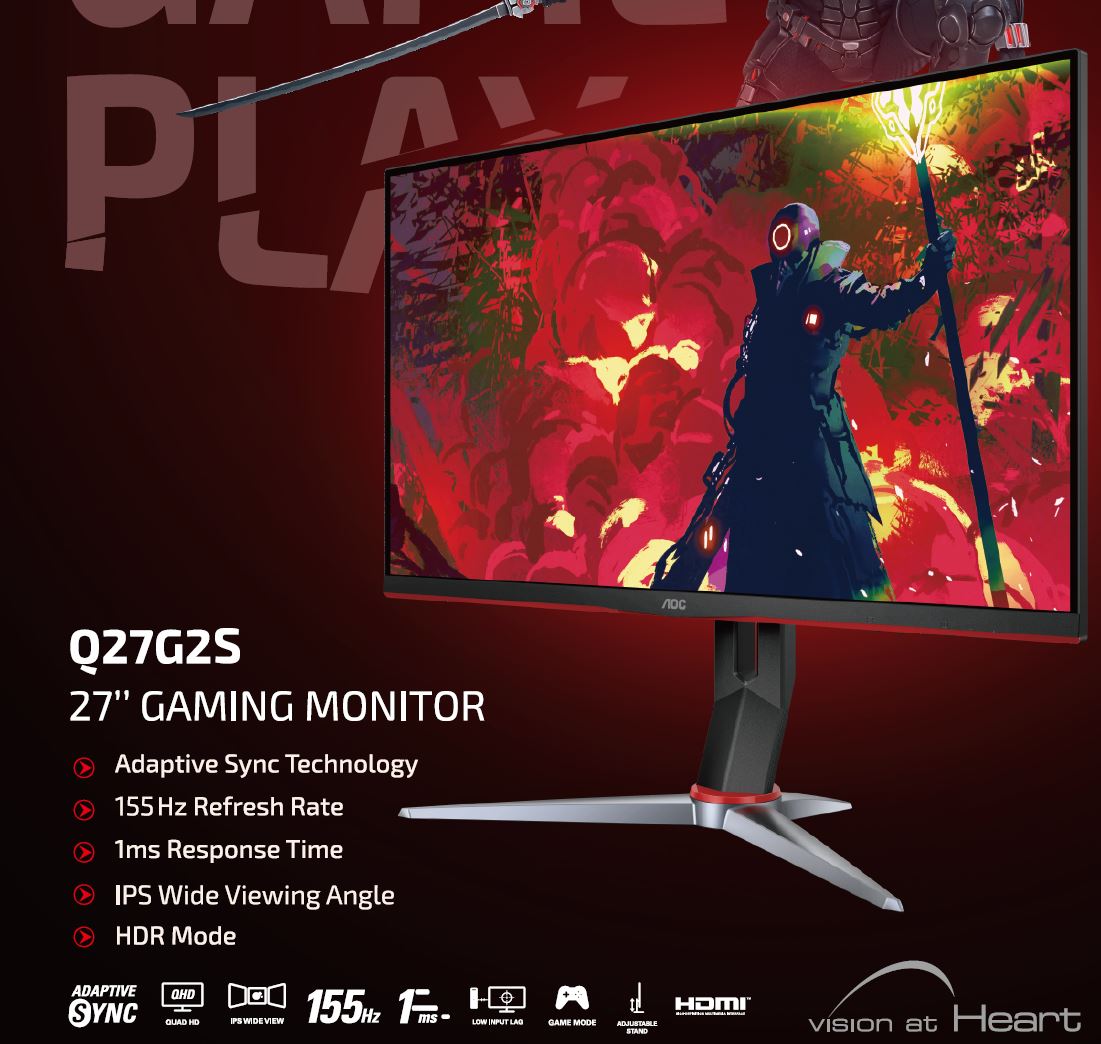 AOC 27" IPS QHD 155Hz, 1ms, 2560 x 1440, 350 cd/m2, G-Sync Compatible, HDR Mode, HDMI 2.0 x 2, DP 1.2 x 1 Gaming Monitor