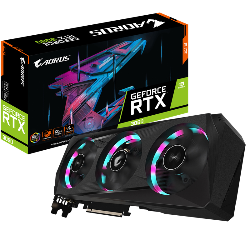 Gigabyte NVIDIA GeForce RTX 3060 AORUS ELITE 12G rev 2.0 GDDR6 Video Card, PCI-E 4.0, 1867 Mhz Core Clock, RGB Fusion 2.0, 2x DP 1.4a, 2x HDMI 2.1