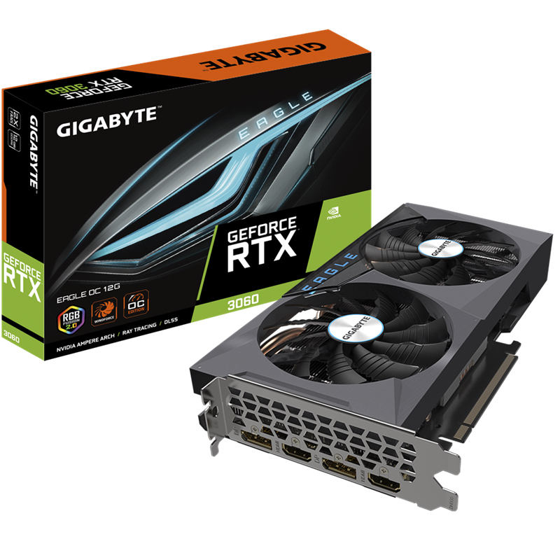 Gigabyte NVIDIA GeForce RTX 3060 EAGLE OC 12G rev 2.0 GDDR6 Video Card, PCI-E 4.0, 1807 MHz Core Clock, 2x DP 1.4a, 2x HDMI 2.1
