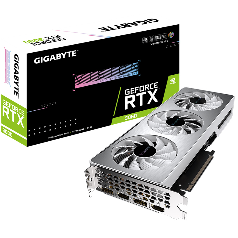 Gigabyte NVIDIA GeForce RTX 3060 VISION OC 12G rev 2.0 GDDR6 LHR Video Card, PCI-E 4.0, 1837 MHz Core Clock, 2x DisplayPort 1.4a, 2x HDMI 2.1