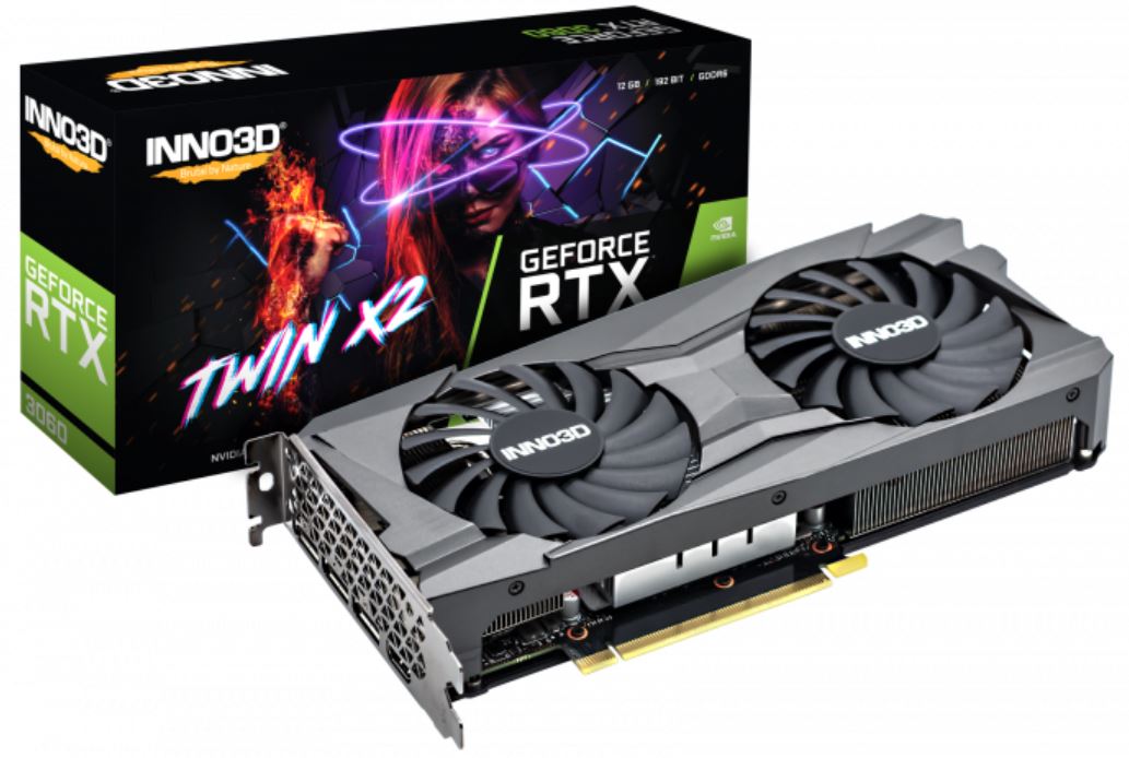 INNO3D NVIDIA GeForce RTX 3060 GPU TWIN X2 12GB Video Card (LHR), PCI-e 4.0, 1777 MHz Boost Clock, 3x DisplayPort 1.4a. 1x HDMI 2.1
