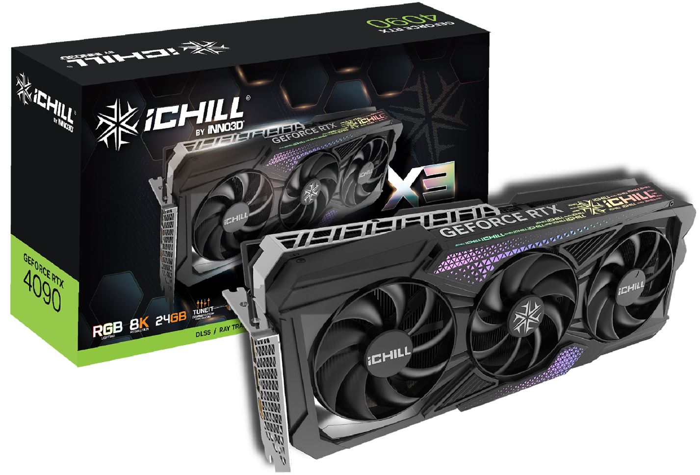 INNO3D NVIDIA GeForce RTX 4090 GPU iChill X3 OC 24G, Ada Lovelace, 4th Gen Tensor/3rd RT Cores, DLSS 3, ARGB, OC Control TuneIT