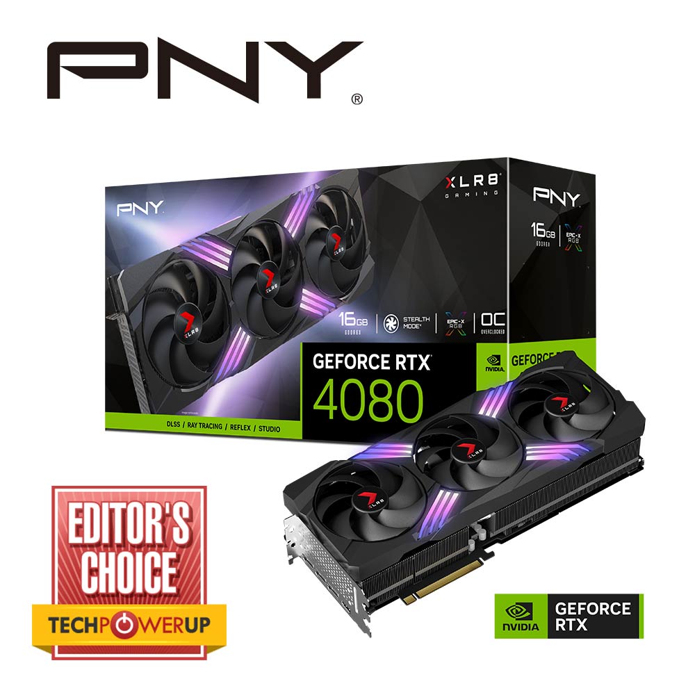 PNY NVIDIA GeForce RTX 4080 16GB GDDR6X XLR8 Gaming VERTO EPIC-X RGB OC Triple Fan 9728 Cude Cores 23Gbps 2205/2550 Mhz 3x DP 1x HDMI 2.1