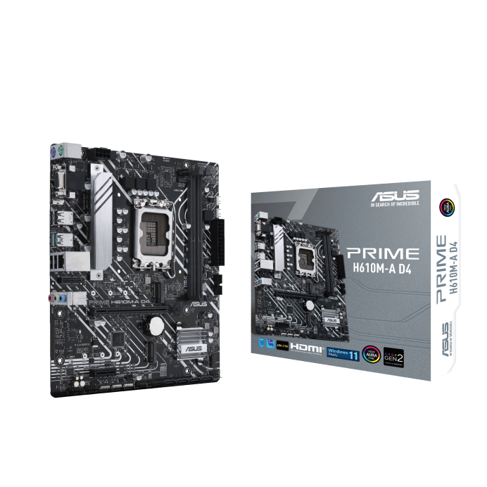 ASUS PRIME H610M-A D4 Intel LGA 1700 mATX Motherboard, 2x DDR4 ~64GB, 1x PCI-E 4.0, 1x PCI-E 3.0, 2x M.2, 4x SATA, 2x USB 3.2, 4x USB 2.0