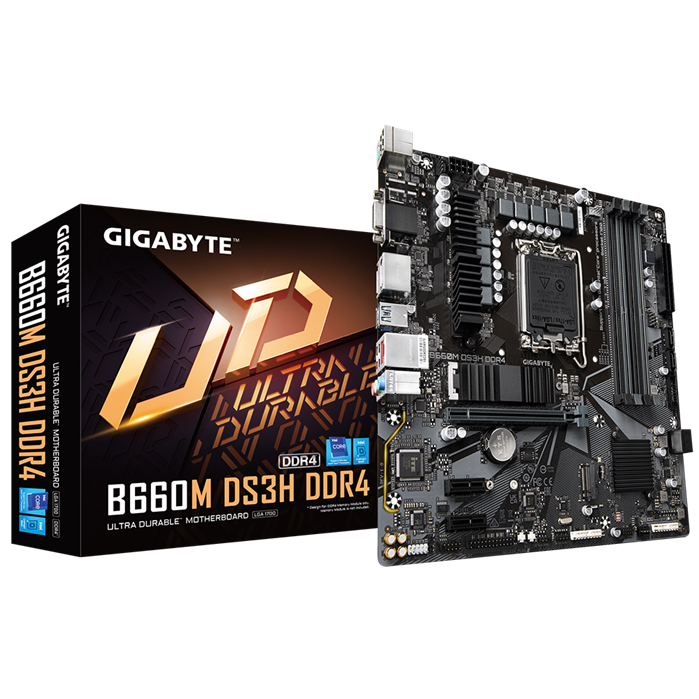 Gigabyte B660M DS3H DDR4 Intel LGA 1700 mATX Motherboard, 4x DDR4 ~128GB, 1x PCI-E x16, 2x PCI-E x1, 2x M.2, 4x SATA, 1x USB-C, 3x USB 3.2, 2x USB 2.0