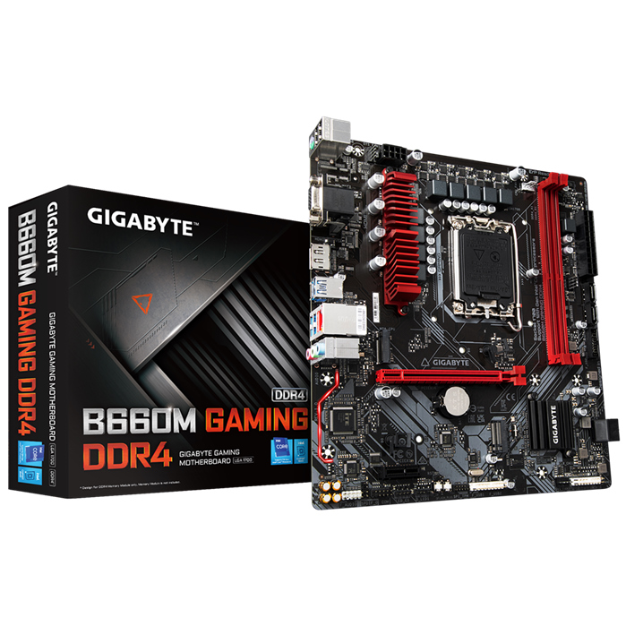 Gigabyte B660M GAMING DDR4 Intel LGA 1700 mATX Motherboard, 2x DDR4 ~64GB, 1x PCI-E x16, 1x PCI-E x1, 2x M.2, 4x SATA, 1x USB-C, 3x USB 3.2, 2x USB 2