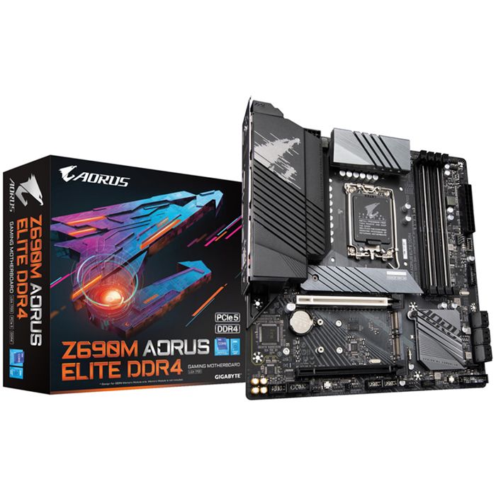 Gigabyte Z690M AORUS ELITE DDR4 Intel LGA 1700 mATX Motherboard, 4x DDR4 ~ 128GB, 2x PCI-E x16, 3x M.2, 6x SATA3, 1x USB-C, 5x USB 3.2, 4x USB 2.0