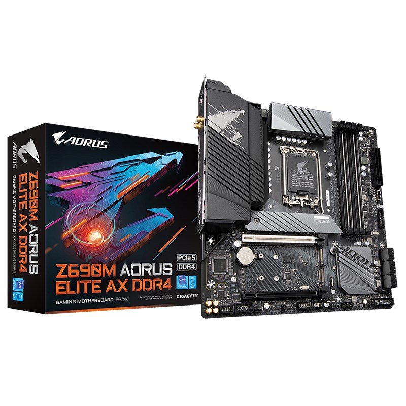 Gigabyte Z690M AORUS ELITE AX DDR4 Intel LGA 1700 mATX Motherboard, 4x DDR4 ~128GB, 2x PCI-E x16, 3x M.2, 6x SATA, 1x USB-C, 5x USB 3.2, 4x USB 2.0, W