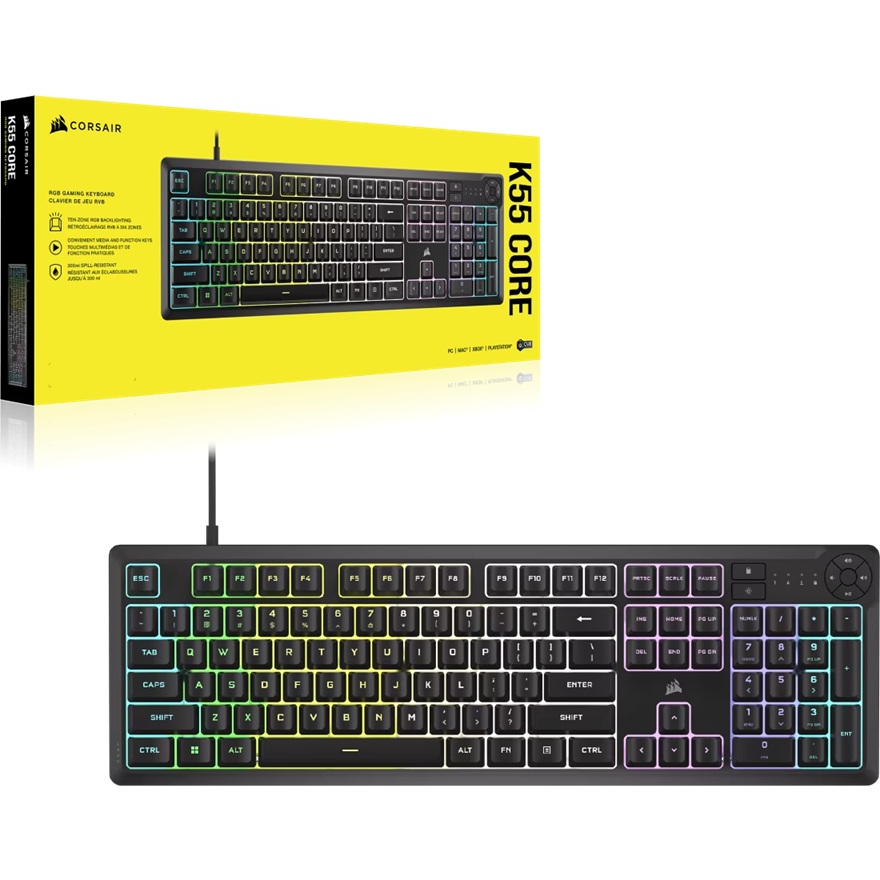 Corsair K55 CORE RGB Gaming Keyboard  Black, Extended layout, 12KRO, 6 macro keys, rubber dome switches, USB wired, iCUE support, media controls
