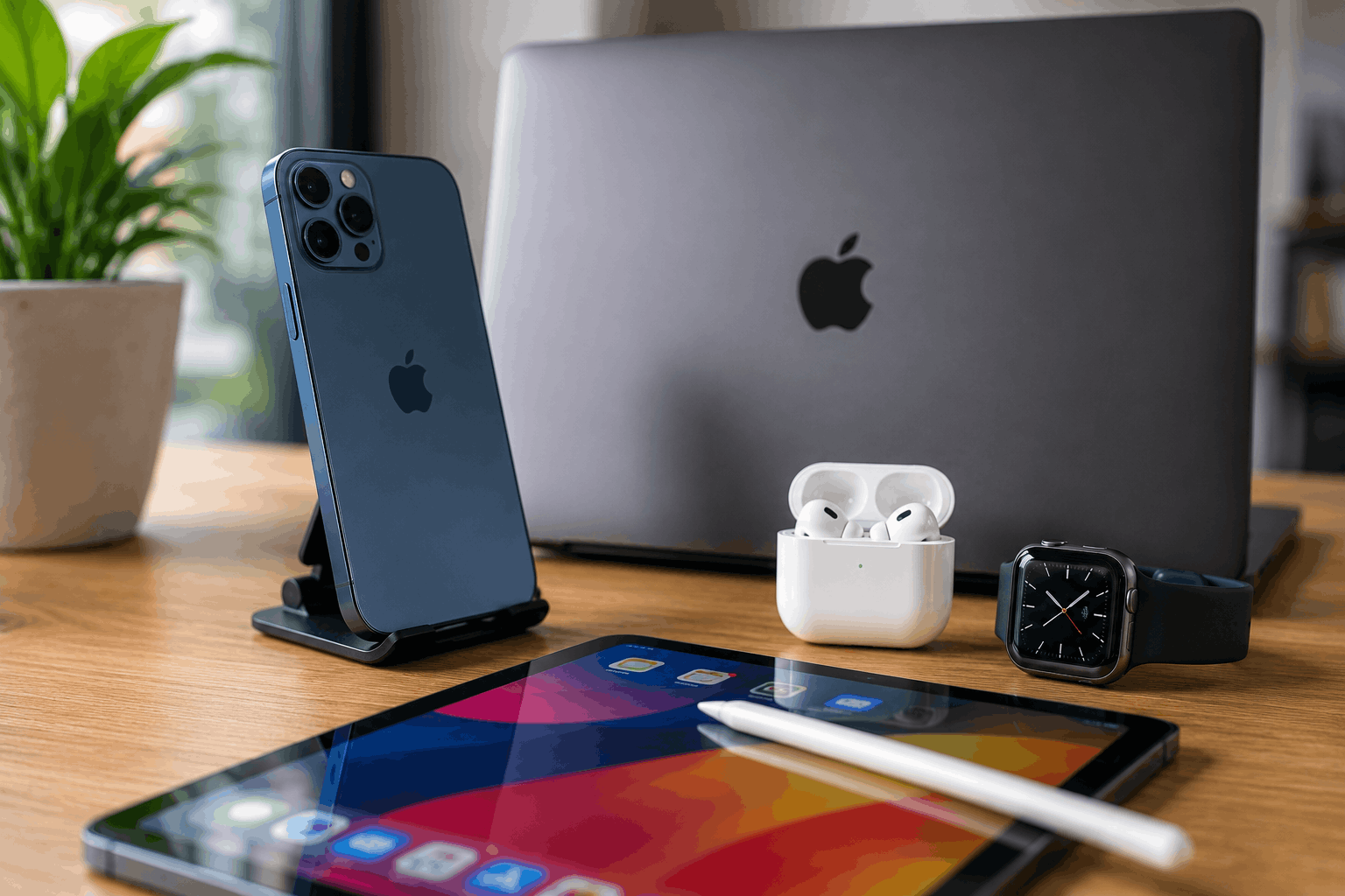 Apple laptop, smartphone, tablet, smartwatch and wireless earbuds displayed on a desk in Melbourne