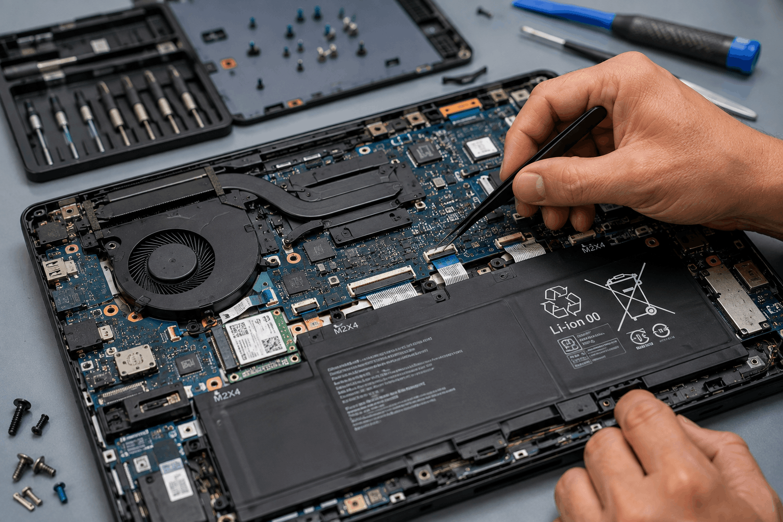 Technician inspecting the internal components of a laptop during repair in Melbourne