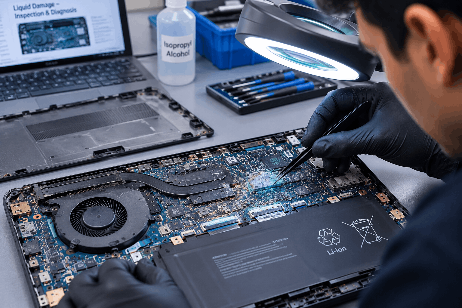Technician inspecting a laptop motherboard for liquid damage during repair in Melbourne