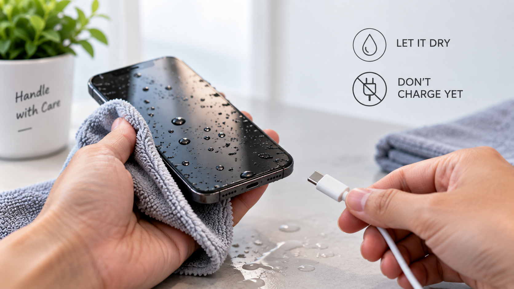 Phone Moisture Care at AMT Electronics A wet smartphone being handled carefully in Melbourne