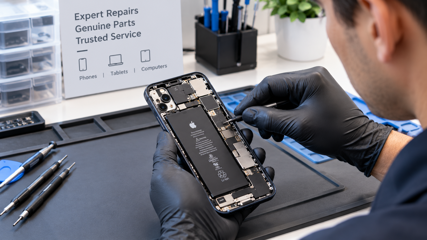 Phone Repair services at AMT Electronics A technician repairing a smartphone in Melbourne